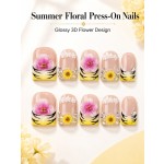 Summer Garden 3D‑Floral Press‑On Nails, Short Square Handmade False Nails with Pink Flower & Sunflower, Yellow‑Black French Tips & Rhinestones